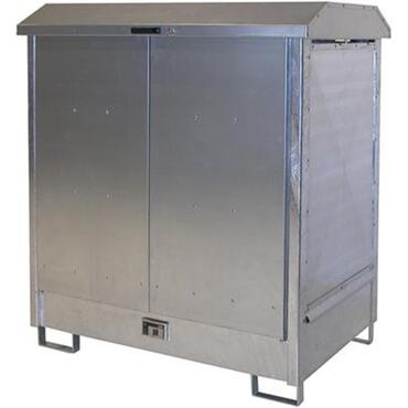 Sheet steel hazardous materials depot with hinged roof and 2 wing doors, two 200-litre drums, galvanised